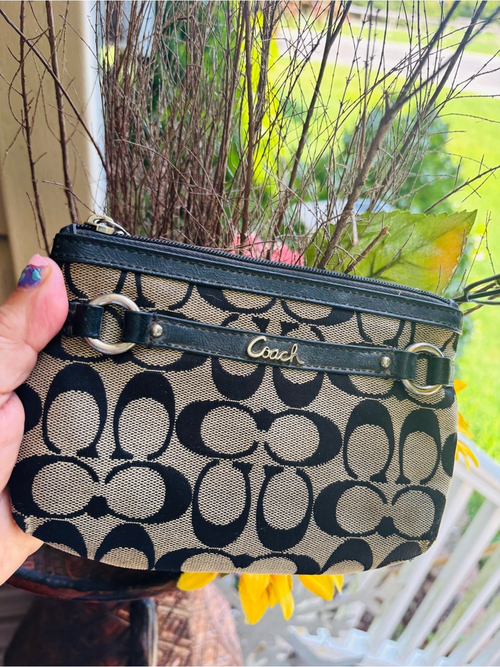 Coach Black and Tan Signature Canvas Wristlet